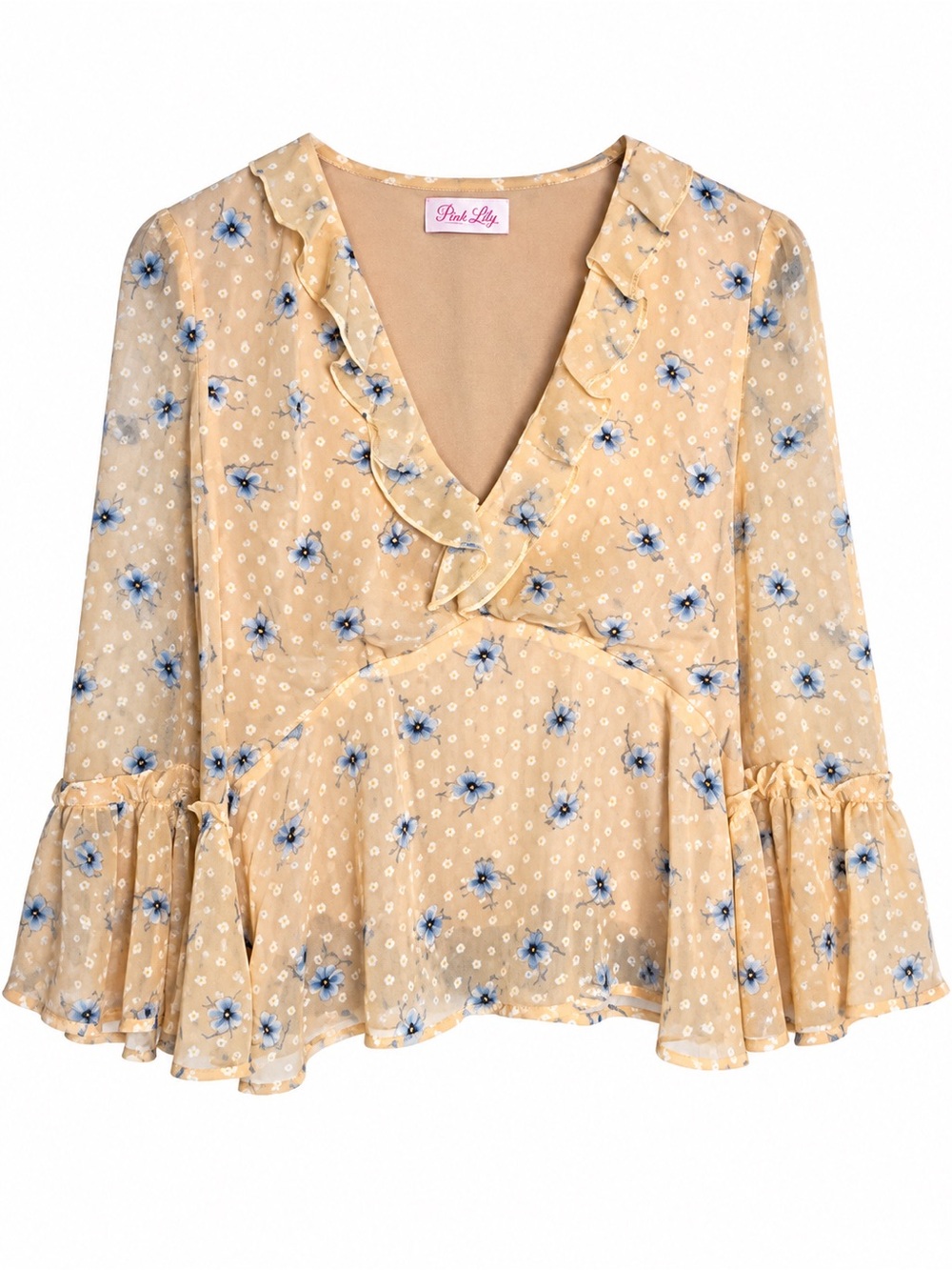 Pink Lily Unpredictable Heart Women’s Medium Floral Sheer Bell Sleeve Top